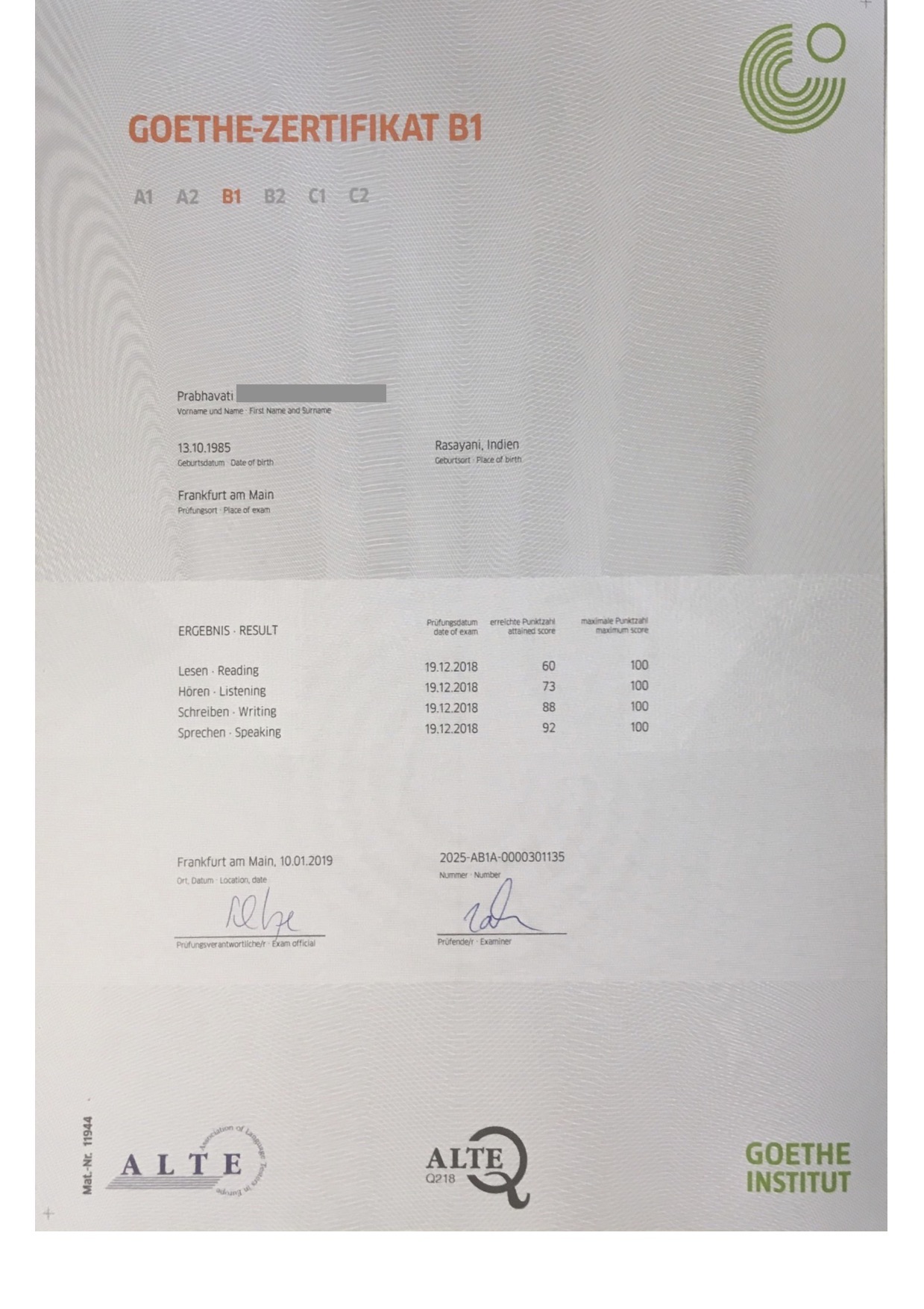 Goethe German Exam Results