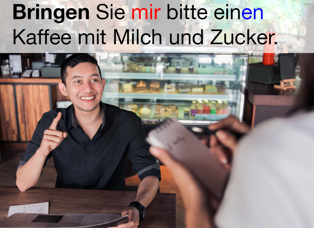 How’d you say in German “Bring me a coffee with milk and sugar please